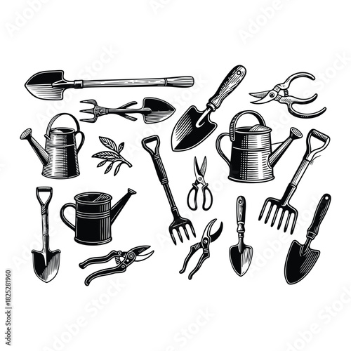 Vintage engraving illustration set of essential gardening tools