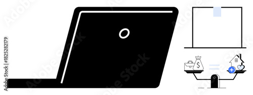 Work-life balance concept. Visualizing work-life challenges with a laptop digital work and scales harmonizing career and personal priorities. For productivity, remote work, lifestyle, wellness