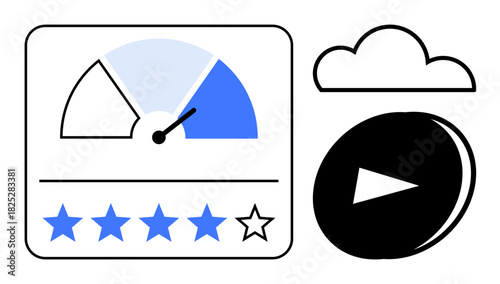 Speed gauge, 5-star rating system, simple cloud, and play button. Ideal for analytics, feedback, media, cloud storage streaming ratings performance insights. Simple flat metaphor