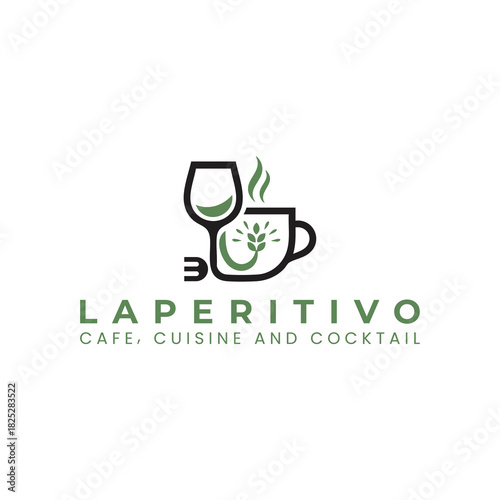 The bar's logo is a creative icon featuring a steaming coffee cup, an aperitif glass, and a fork to symbolize the bar's varied offerings. The central design emphasizes the use of natural ingredients