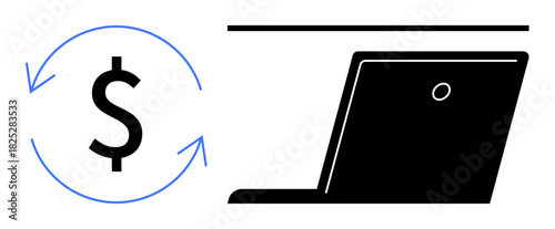 Dollar sign enclosed by circular arrows beside a stylized laptop. Ideal for online payment, e-commerce, digital economy, business, banking, financial growth, and technology concepts. Minimalist flat