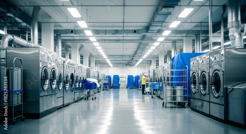 Industrial Laundry Facility with Rows of Washing Machines and Worker