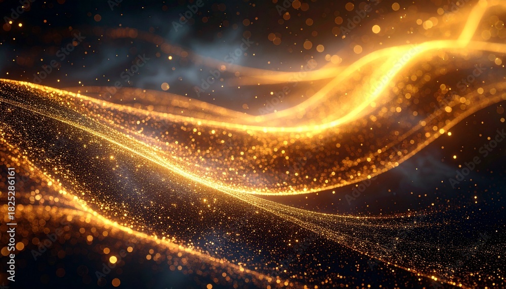 Naklejka premium Captivating Abstract Background Featuring Dynamic Golden Light Particles Forming Luminous Wavy Streams of Energetic Sparkles in Digital Space