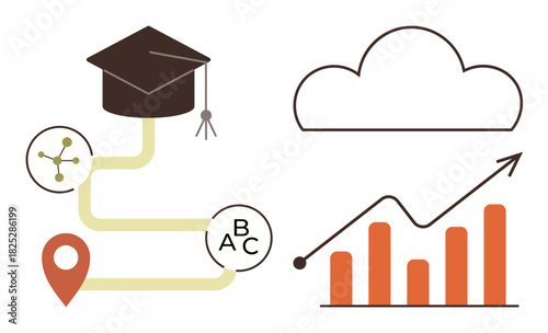 Academic journey path linking graduation cap, route marker, and educational symbols. Features cloud computing and progress graph. Ideal for education, technology, innovation, growth, planning