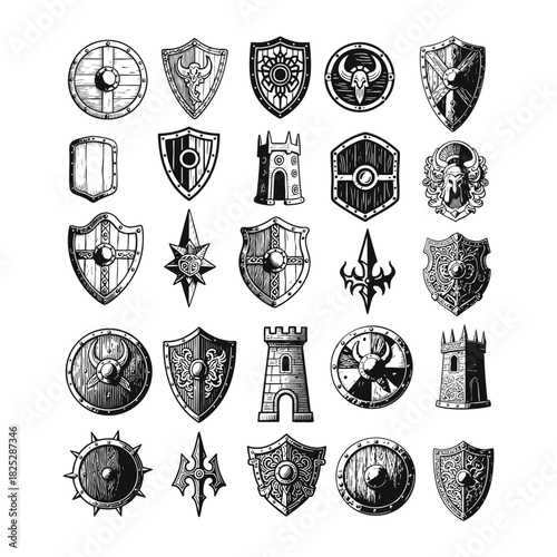 Vintage engraving illustration set of medieval and fantasy elements
