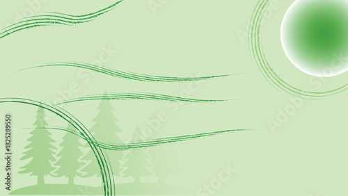 Minimalist green nature background with abstract waves, textured lines, halftone pine trees silhouette, and soft gradient sun. Calm eco design with copy space.