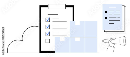 Checklist with marked tasks, stack of boxes, hand holding telescope, document set, cloud outline. Ideal for logistics, planning, inventory management, strategy goals organization simplicity
