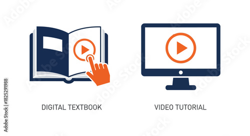 Vector illustration of digital textbook and video tutorial isolated on