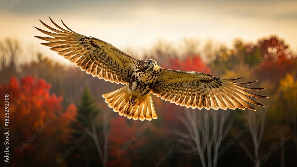 Fototapeta premium Majestic hawk soars over vibrant autumn forest landscape.