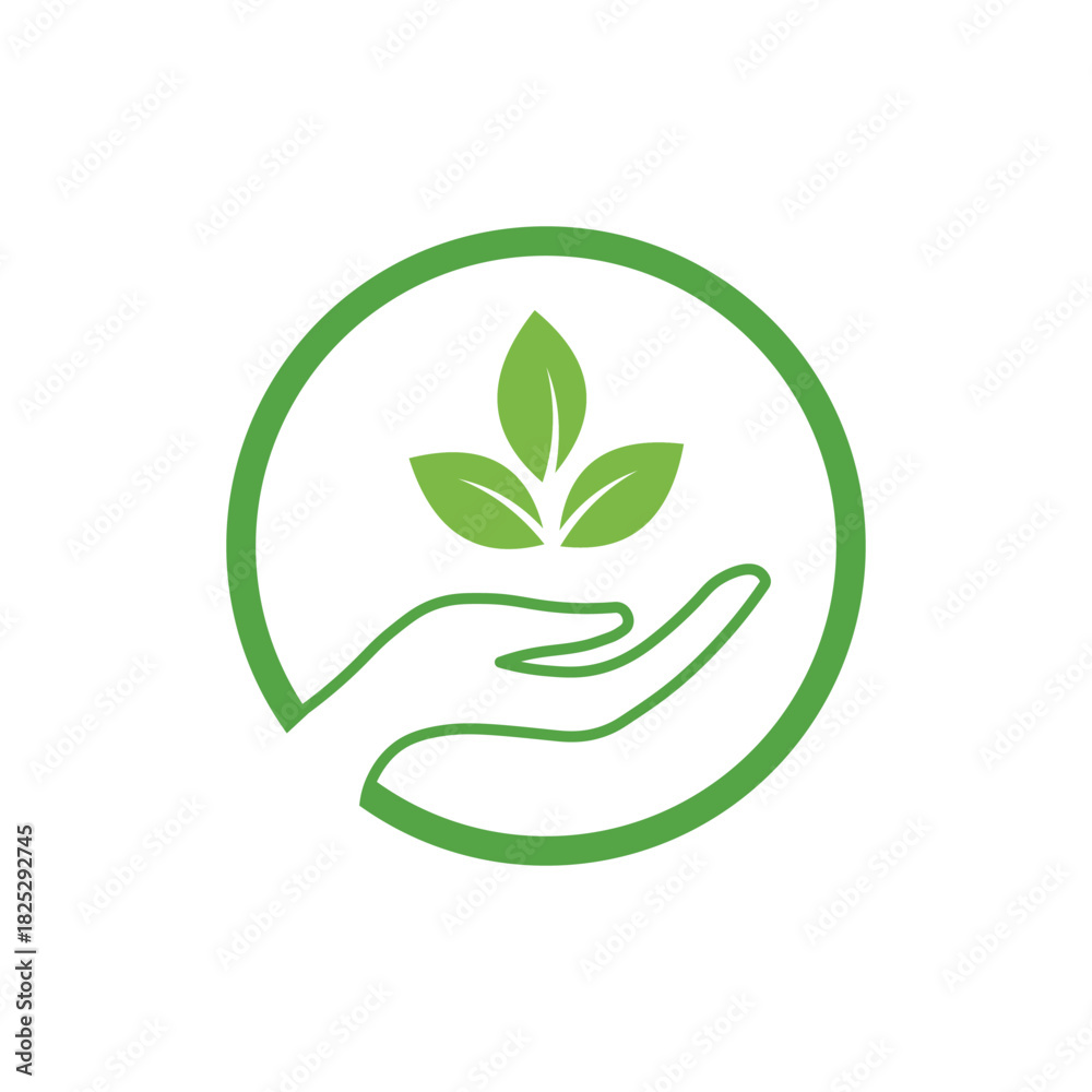 Obraz premium Eco Friendly Hand with Green Leaves, Nurturing Nature Care Emblem
