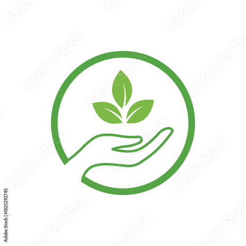 Eco Friendly Hand with Green Leaves, Nurturing Nature Care Emblem