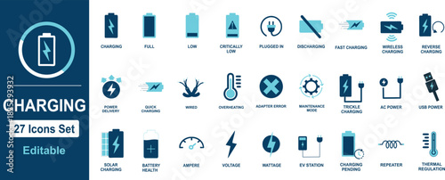 Battery Charging & Power Icon Set: Full Power, Electric Vehicle (EV), Temperature, Wireless, Low Energy, Indicator, Fast Charging, and Renewable Power. 27 Vector Signs.