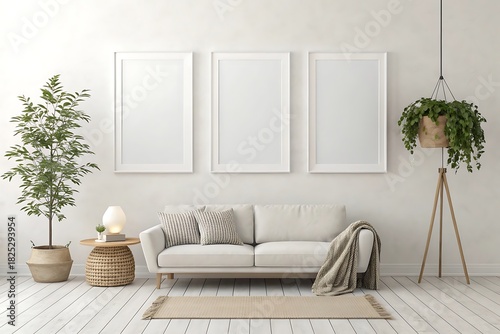 Minimalist living room decor background with white blank three frames wall mockup iso a paper size poster template stylish interior design modern artwork presentation