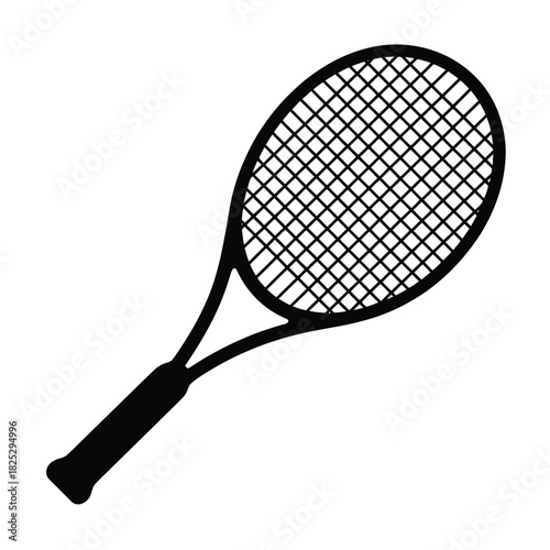 Black tennis racquet silhouette on white background