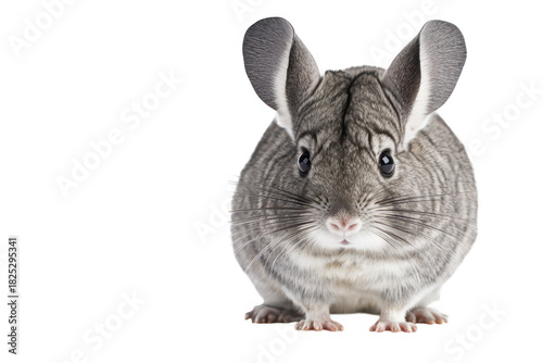 A close-up view of a curious gray chinchilla with large ears and expressive eyes. sitting on a clean white background. its soft fur and playful demeanor