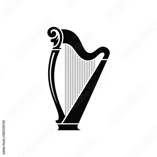 Elegant black silhouette of a traditional harp on a white background