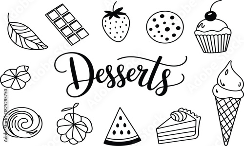 Desserts Script Typography and Doodle Line Icons, Sweet Food Treats Sketch Collection, Cake Strawberry Ice Cream Monochrome Vector Illustration