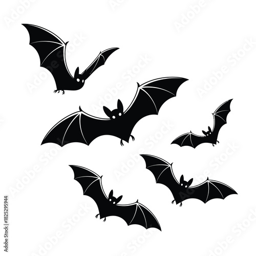 Silhouette of a flock of bats flying against a white background