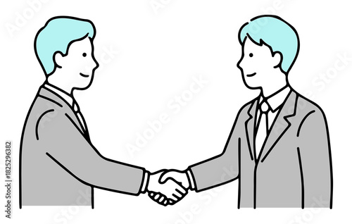 握手するビジネスマンのイラスト：契約成立と信頼のパートナーシップ（シンプルな線画・ベクター）