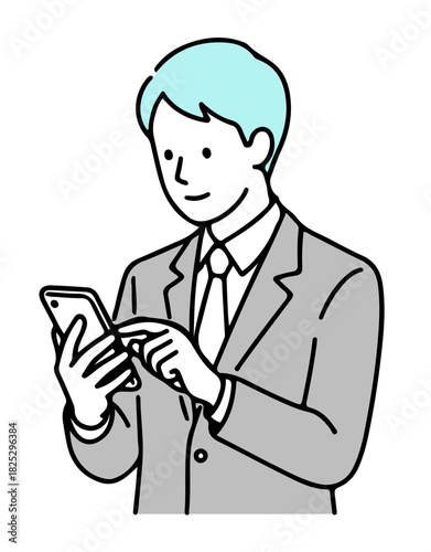 スマートフォンを操作するビジネスマンのイラスト：通信とアプリの確認（シンプルな線画・ベクター）