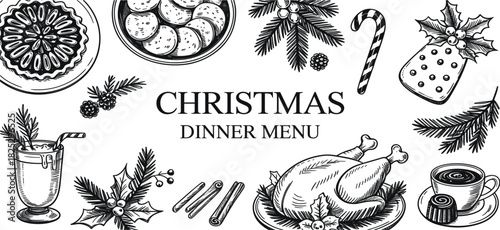 Christmas Dinner Menu Sketch Illustration, Holiday Food and Decoration Engraving Set, Festive Meal Turkey Cookies Outline Vector Graphic
