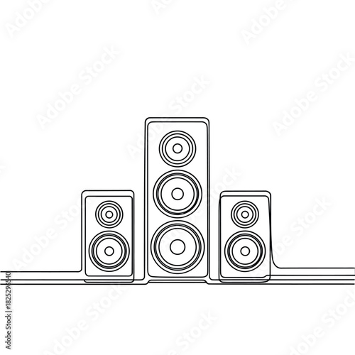 Minimalist line art drawing of three audio speakers on a white background
