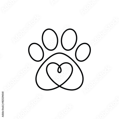 Minimalist single line drawing of a dog paw with a heart inside