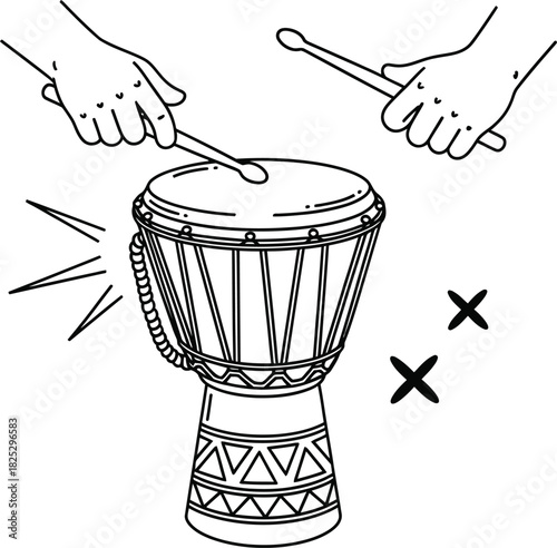 Hand drawn illustration of hands playing a djembe drum with drumsticks