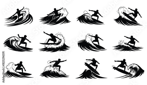 Surfer silhouettes riding ocean waves set. dynamic water sports graphic collection Vector