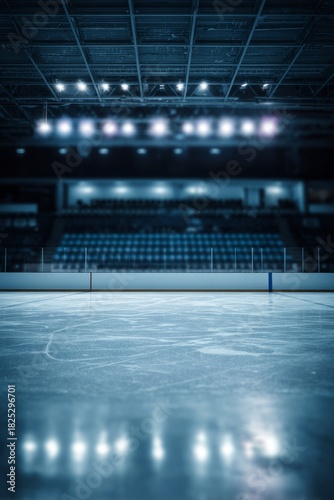 bleachers. Empty ice rink with cool blue tones and blurred stadium seating, atmospheric and serene. event key visuals, club posters, designed for sports event promotions and stadium branding.
