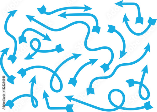 Blue hand drawn arrows collection pointing in different directions on white