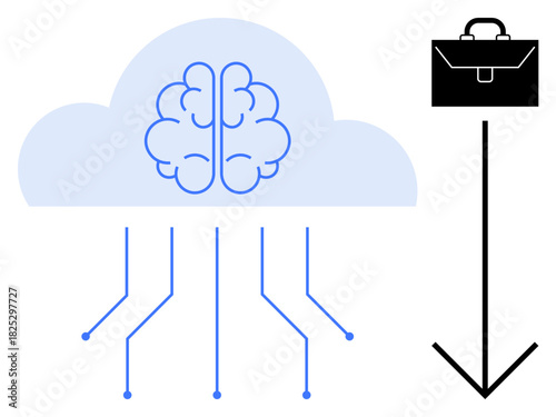 Cloud with brain, neural lines linking to arrow and briefcase. Ideal for AI, cloud tech, business integration, digital transformation, innovation, data flow automation. Simple flat metaphor