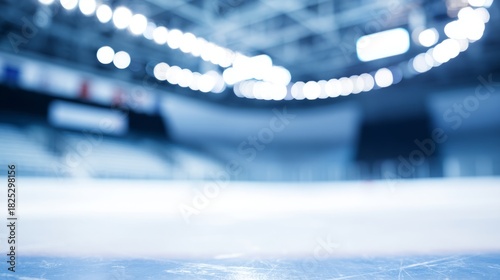 bleachers. Empty ice rink with cool blue tones and blurred stadium seating, atmospheric and serene. event key visuals, club posters, designed for sports event promotions and stadium branding.
