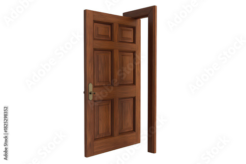 A beautifully crafted wooden door stands slightly ajar. inviting exploration. with a clean white background that emphasizes its rich texture and craftsmanship. ideal for home improvement visuals