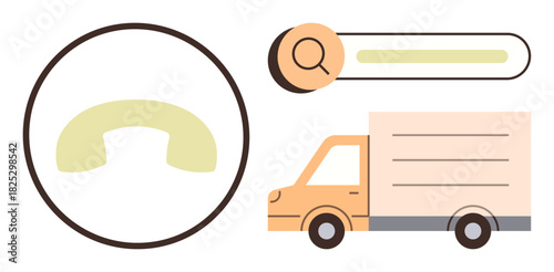 Delivery truck, search bar, and phone receiver signal customer support, communication, and logistics. Ideal for e-commerce, shipping, support service communication search and connectivity. Simple