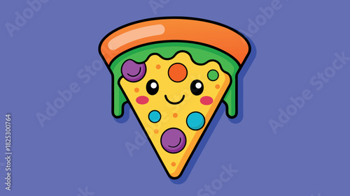Cute kawaii pizza slice with happy face and melting cheese