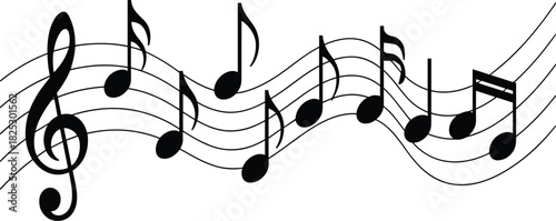 Wavy Music Notes Staff Border Graphic, Treble Clef Sound Melody Element, Black and Blue Concert Performance Vector Clipart Illustration