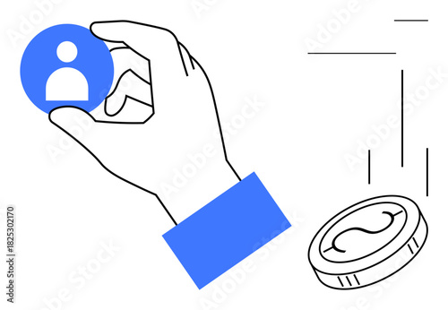 Hand grips user profile icon, adjacent to falling coin. Ideal for user acquisition, monetization, value exchange, digital identity, customer engagement, growth analytics. Simple flat metaphor