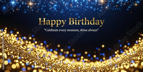 Happy birthday greeting card with golden and blue sparkling bokeh lights on a dark background