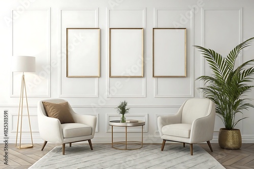 Minimalist living room decor background with white blank three frames wall mockup iso a paper size poster template stylish interior design modern artwork presentation