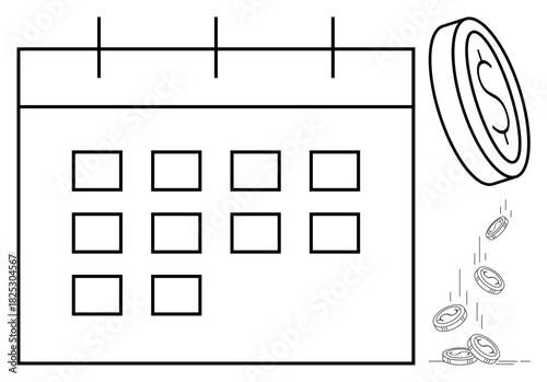 Calendar representing time management with coins indicating financial planning, saving, or payday. Ideal for payment scheduling, budgeting, income tracking, salary management, revenue growth, money