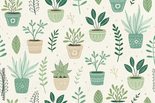 Delightful hand-drawn pattern of potted plants creates a calming, natural aesthetic perfect for home decor or eco-friendly designs, bringing nature indoors