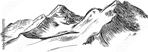 Detailed Mountain Range Sketch Illustration, Hand Drawn Alpine Landscape Peaks, Vintage Engraving Nature Adventure Travel Vector Graphic