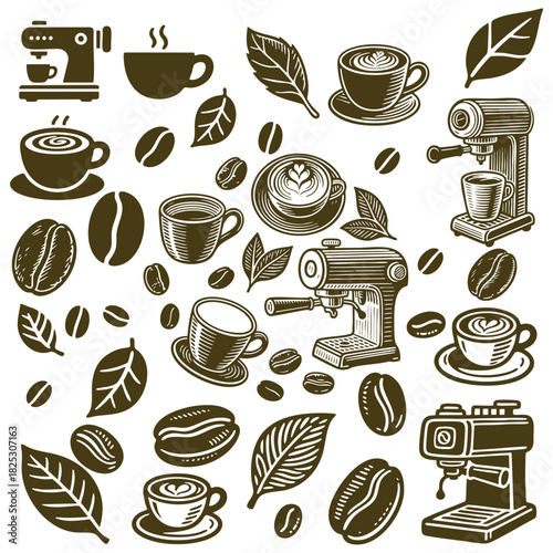 Vintage engraving illustration set of assorted coffee elements