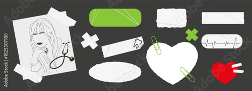  Isolated vector set of health and medical collage elements. Features torn paper notes, tape, stethoscope, ECG line, and abstract female portrait. Ideal for wellness vlog design or social media posts.