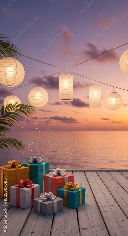 Fototapeta premium Wrapped gift boxes on a wooden pier with glowing lanterns over an ocean sunset, perfect for Christmas or New Year celebration
