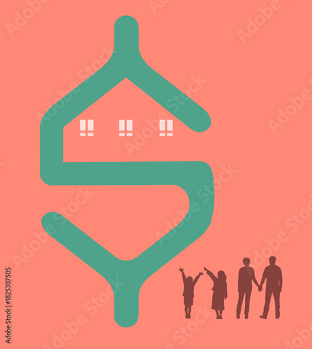 The high costs of home ownership is the subject of this vector illustration of a dollar sign, a house and a family.