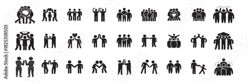 Professional Silhouette Teamwork and Collaboration Vector Icon Set Including Group Meetings, Team Projects, Joint Activities, and Discussion Scenes for Web Use