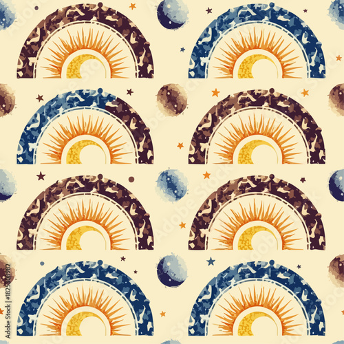 Watercolor celestial suns and planets with rainbow arcs in a decorative cosmic pattern.