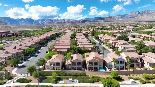 Aerial Suburban Neighborhood Las Vegas Red Rock Mountains Flyover